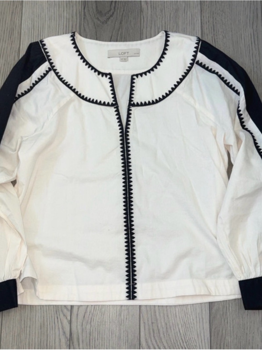 LOFT White Top with Black Trim Zigzag Detail
